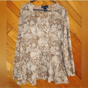 Susan Graver style XL brown and white reptile print flowy long sleeve blouse